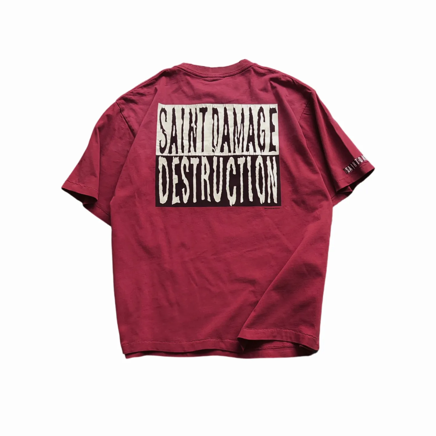 ❥8046 P136 Saint Mxxxxxx Burgundy distressed short-sleeved Superman series, made of pure cotton fabric, 290g, loose fit, process: cracked pulp printing/self-tearable + holes + spray-coded batik, fried and washed, size: (S-M-L-XL), color: washed burgundy